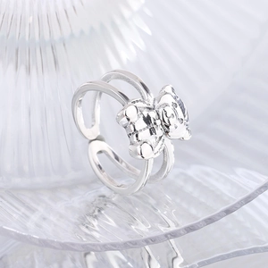 Anello regolabile in argento S925 con orsetto 3D e design a doppia fila alla moda