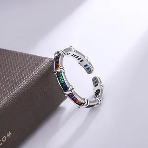 925 silver rainbow ring featuring a unique bamboo style design with colorful gemstones