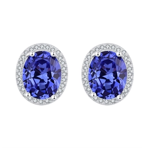 Boucles d'oreilles halo avec saphir bleu ovale et zircons blancs en argent S925