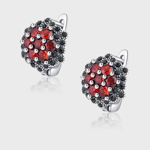 Vintage 925 Sterling Silver Flower Cluster Earrings For Women Red Black Zirconia Inlaid Antique Finish Lever-back Earrings Jewelry