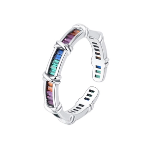 925 Sterling silver rainbow gemstone open ring with colorful baguette stones and X motifs