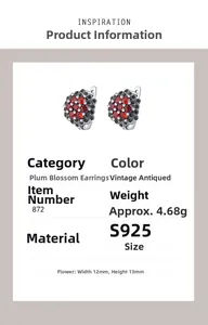 Detail view of S925 sterling silver plum blossom earrings with vintage finish and red stones