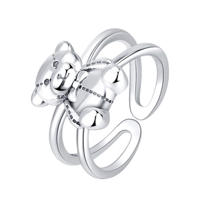 Anello aperto orsetto in argento S925 retrò con design a doppia fascia su sfondo bianco