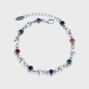 925 Sterling Silver Heart Bracelet For Women Rainbow Zirconia Colorful Stone Inlaid Chain Link Minimalist Jewelry Gift