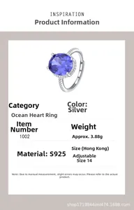 Detailed spec sheet showing S925 silver ring with large oval blue stone and pavé accents