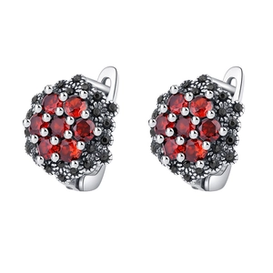 Vintage S925 sterling silver floral earrings with red zircon and black agate gemstones