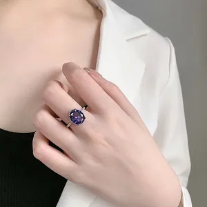 Elegant S925 silver ring with large oval purple gemstone and pavé diamonds for women
