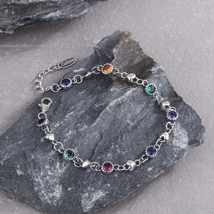 925 Sterling silver rainbow zircon heart bracelet with colorful gemstones and chain link