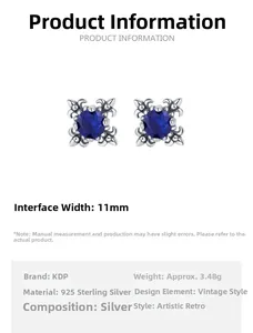 Macro view of vintage 925 sterling silver earrings with blue stones and 11mm dimensions