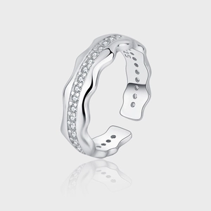 S925 Sterling Silver Wave Adjustable Ring For Women Niche Design Inlaid Rhinestone Minimalist River Style Fashion Jewelry