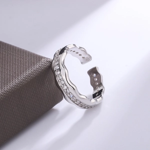 S925 sterling silver wavy ring with zircon inlay and adjustable open band for women