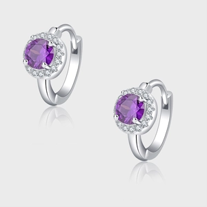925 Sterling Silver Purple Round Rhinestone Hoop Earrings For Women Minimalist Elegant Micro-inlaid Geometric Jewelry Gift
