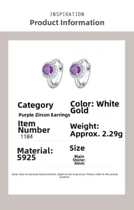 Detailed view of S925 silver stud earrings with purple zircon and small white diamonds