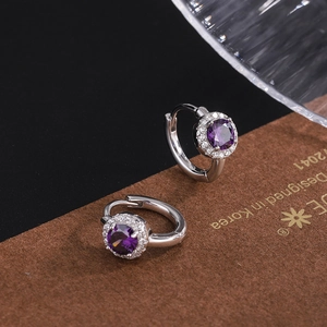 925 silver hoop earrings with round purple amethyst zircon and halo micro-pave crystals