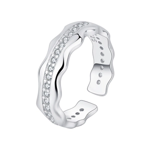 Minimalist S925 sterling silver wavy open ring with cubic zirconia inlay for women