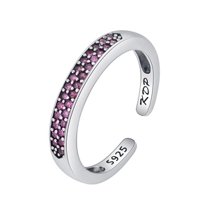 Bague ouverte en argent massif avec doubles rangées de zircons violets