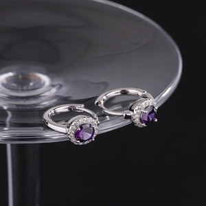 Elegant 925 sterling silver hoop earrings with purple round gemstone and halo diamonds