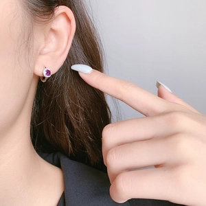 Elegant 925 sterling silver hoop earrings with round purple gemstone and zircon halo