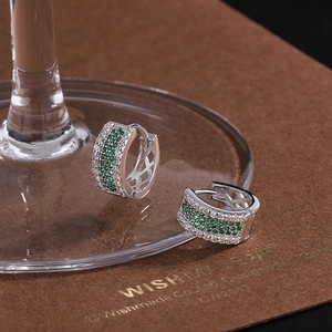 Silver square geometric huggie earrings with micro-pave green and white zircon stones