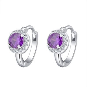 925 Sterling silver stud earrings with round purple amethyst and white zircon stones