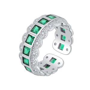 925 silver open ring with emerald-cut green zircon and lace-edge detail on white background