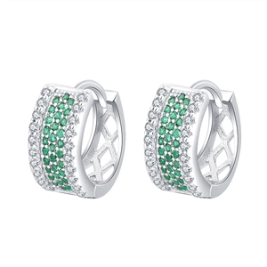 Luxurious silver hoop earrings with emerald green stones and white pavé cubic zirconia