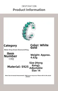 Detail view of S925 sterling silver ring with green teardrop stones and adjustable band