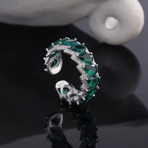 S925 sterling silver open ring with pear-cut green gemstones and micro-pave crystals