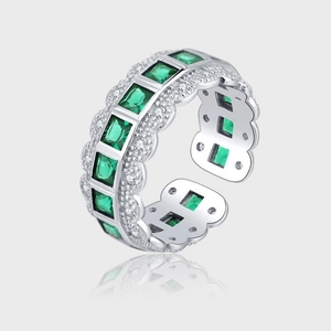 925 Sterling Silver Green Square Zirconia Open Ring For Women Luxury Lace Edge Adjustable Finger Ring Fashion Jewelry