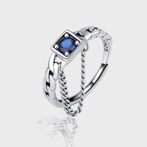 S925 Sterling Silver Vintage Blue Square Zirconia Inlaid Cuban Chain Open Ring Distressed Adjustable Tassel Jewelry For Women