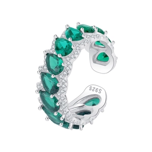 S925 sterling silver open ring with pear-cut green gemstones and white zircon details