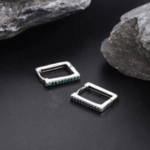 S925 sterling silver geometric rectangular earrings with green cubic zirconia inlay
