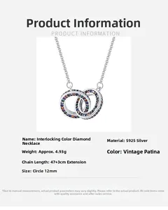 Detail view of S925 sterling silver interlocking double ring necklace with colorful zircons