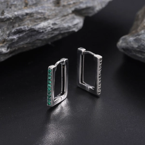 S925 sterling silver square earrings with green zircon and Forever Love engraving