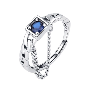 S925 sterling silver chain ring with a square blue zircon gemstone in a retro design