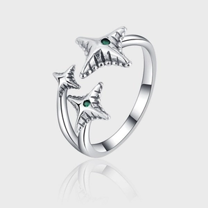 Vintage S925 Sterling Silver Open Ring For Women Irregular Texture Shooting Star Design Adjustable Green Rhinestone Jewelry