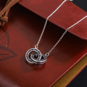 Interlocking double ring necklace in S925 sterling silver with colorful zircon inlay