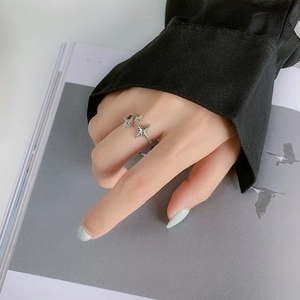 S925 sterling silver open ring with double star design and green gemstones for women