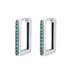 Elegant S925 sterling silver geometric square hoop earrings with emerald green crystals