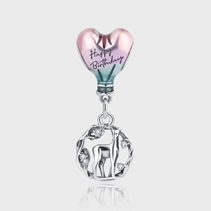 Pendentif Ballon Coeur Cerf Joyeux Anniversaire en Argent Sterling 925 Émail Dégradé Strass Charm Bijoux Cadeau Femme