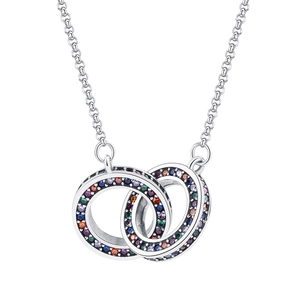 S925 sterling silver interlocking double circle necklace with rainbow cubic zirconia stones