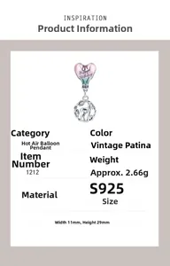 Pendentif montgolfière arc-en-ciel en argent S925 avec gravure Happy Birthday et cerf