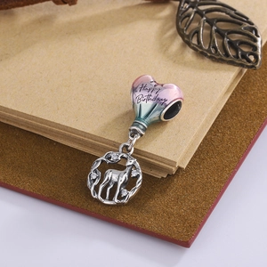 Charm en argent S925 avec ballon coeur arc-en-ciel Happy Birthday et petit cerf