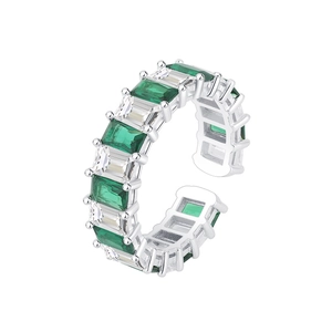 S925 silver open ring with emerald-cut green gems and white zircons on white background
