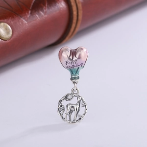 Pendentif ballon cœur arc-en-ciel en argent S925 avec gravure Happy Birthday et élan