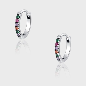 Boucles d'Oreilles Créoles Arc-en-Ciel en Argent Sterling 925 Vintage Pour Femmes Rétro Micro Incrusté Strass Multicolore