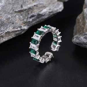 S925 sterling silver adjustable ring with emerald cut green and white gemstones