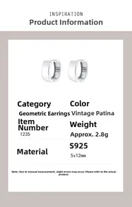 Detail showing S925 vintage silver geometric hoop earrings with 5x12mm dimensions