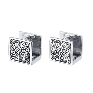 Vintage sterling silver square hoop earrings with embossed auspicious cloud pattern