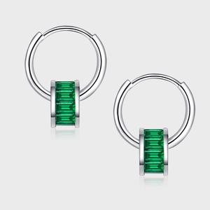 925 Sterling Silver Hoop Earrings For Women Green Rhinestone Cylinder Pendant Minimalist Retro Luxury Fashion Jewelry Gift